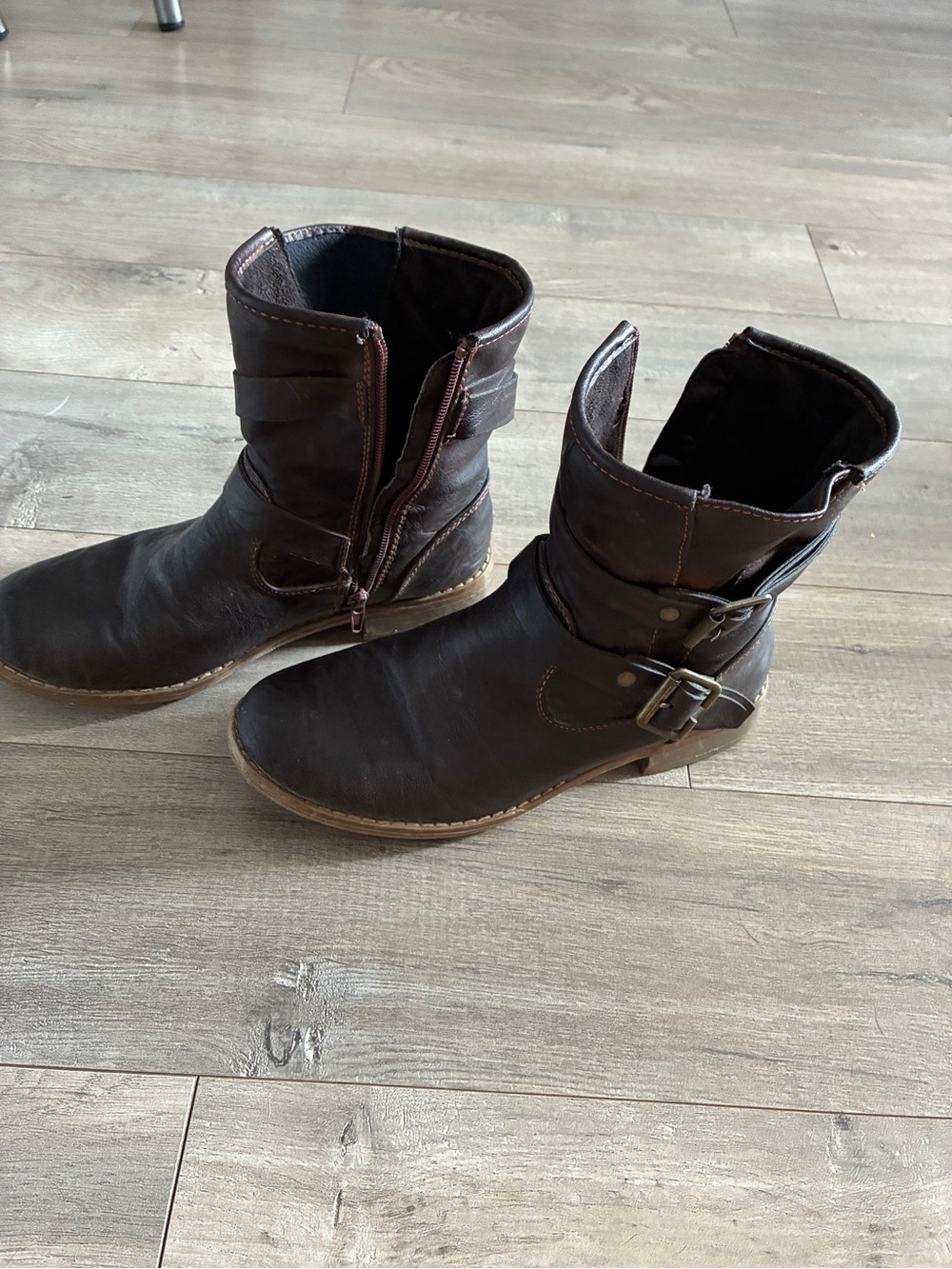 Rieker Dark Brown Leather Buckle Ankle Boots moto engineer